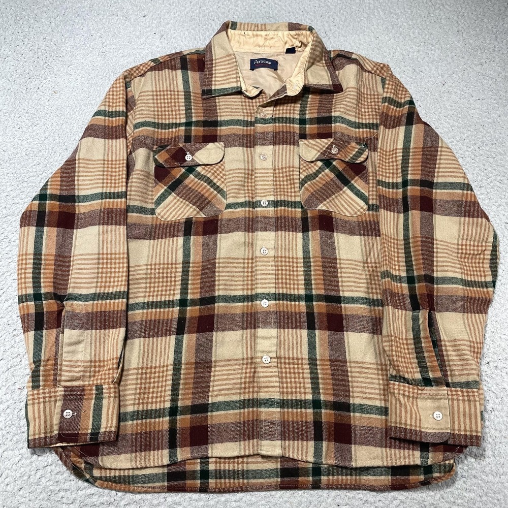 Vintage Arrow Shirt Mens XL Beige Plaid Flannel Lined Button Front Workwear